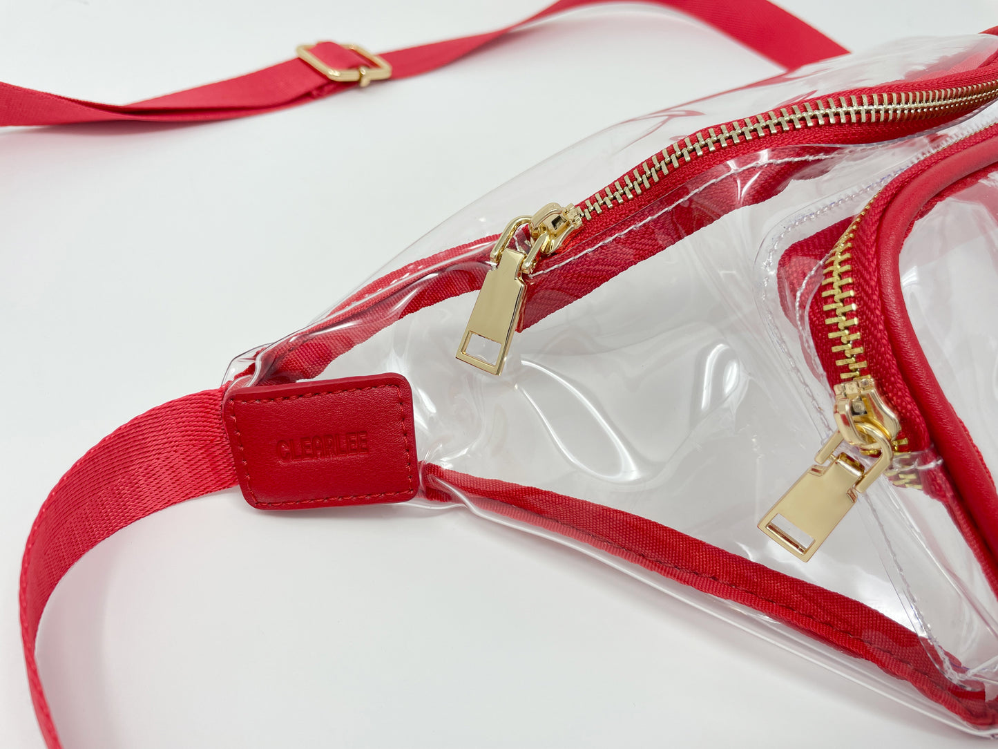 red clear fanny pack shoulder bag belt bag with gold hardware stadium approved gameday bag clearlee